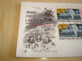 First Man on the Moon 1969 USA ensipäiväkuori FDC neljällä postimerkillä, postimerkkiarkin kulmapala, minulla on myynnissä myös kolme muuta kuorta jossa