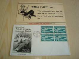 International Naval Review 1607-1957 USA ensipäiväkuori FDC Jamestown Festival, neljällä postimerkillä U.S.S. Saratoga
