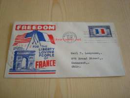 WWII, 2. maailmansota, miehitetyt valtiot: Ranska 1943 USA ensipäiväkuori FDC Overrun Country, lähetetty amerikansuomalaiselle: Carl T. Lemponen, Ohio.