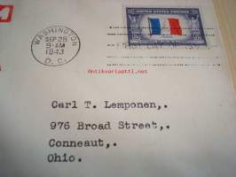WWII, 2. maailmansota, miehitetyt valtiot: Ranska 1943 USA ensipäiväkuori FDC Overrun Country, lähetetty amerikansuomalaiselle: Carl T. Lemponen, Ohio.