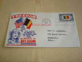 WWII, 2. maailmansota, miehitetyt valtiot: Belgia 1943 USA ensipäiväkuori FDC Overrun Country, lähetetty amerikansuomalaiselle: Carl T. Lemponen, Ohio.