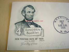 Presidentti Abraham Lincoln 1958 USA ensipäiväkuori FDC kuudella postimerkillä