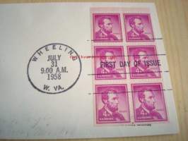 Presidentti Abraham Lincoln 1958 USA ensipäiväkuori FDC kuudella postimerkillä
