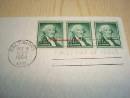 George Washington 1954 USA ensipäiväkuori FDC kolmella postimerkillä