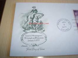 Kenraali George Washington 1977 USA ensipäiväkuori FDC kolmella postimerkillä mm. Monacon ja Dominican postimerkit George Washingtonista