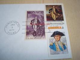 Kenraali George Washington 1977 USA ensipäiväkuori FDC kolmella postimerkillä mm. Monacon ja Dominican postimerkit George Washingtonista