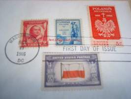 1 000 Years of Polish Culture 1966 USA ensipäiväkuori FDC neljällä erilaisella postimerkillä mm. vuoden 1931 Kenraali Pulaski, vuoden 1933 Kenraali Kosciuszko