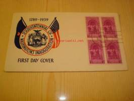 Presidentti George Washington Inauguration 1789-1939 USA ensipäiväkuori neljällä postimerkillä, harvinaisempi versio