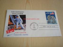 First Man on the Moon kuuhunlaskeutuminen 20th Anniversary 1969-1989 USA ensipäiväkuori FDC 2.40 Dollarin postimerkillä