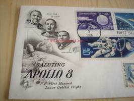 Apollo 8 1969 USA ensipäiväkuori FDC seitsemällä erilaisella postimerkillä, harvinaisempi versio