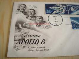 Apollo 8 1969 USA ensipäiväkuori FDC neljällä erilaisella postimerkillä