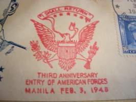 Kenraali Douglas MacArthur 1948 Philippiinit ensipäiväkuori FDC WWII, 2. maailmansota, harvinaisempi versio, kolmella erilaisella postimerkillä