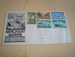 Merchant Marine 1946 USA ensipäiväkuori FDC, WWII, 2. maailmansota, viidelllä erilaisella postimerkillä