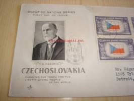 2. maailmansodan miehitetyt valtiot: Tsekkoslovakia, 1943 USA ensipäiväkuori, WWII, Overrun Country, neljällä postimerkillä