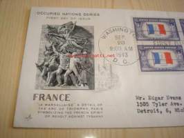 2. maailmansodan miehitetyt valtiot: Ranska, 1943 USA ensipäiväkuori, WWII, Overrun Country, neljällä postimerkillä