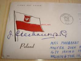 2. maailmansota, miehitetyt valtiot: Puola, 1943, USA ensipäiväkuori, WWII. Kuoressa Puolan suurlähettilään  Jan Ciechanowskin nimikirjoitus, harvinainen.