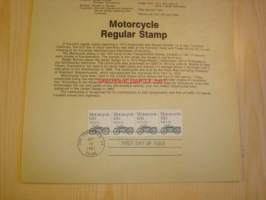 Motorcycle, Moottoripyörä, Souvenir Page, neljällä postimerkillä ja ensipäiväleimalla, 1983, USA.