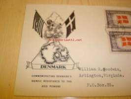 2. maailmansodan miehitetyt valtiot: Tanska, 1943 USA ensipäiväkuori, WWII, Overrun Country, neljällä postimerkillä, harvinaisempi versio.