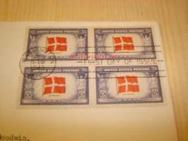 2. maailmansodan miehitetyt valtiot: Tanska, 1943 USA ensipäiväkuori, WWII, Overrun Country, neljällä postimerkillä, harvinaisempi versio.