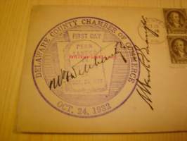 Delaware County Chamber of Commerce, 1932 USA ensipäiväkuori ja alkuperäinen kortti, kuudella George Washingtonin postimerkillä ja kahden postimestarin