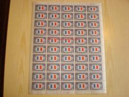2. maailmansota, miehitetyt valtiot: Ranska, täysi 50 postimerkin arkki vuodelta 1943, USA, WWII, Overrun Country.