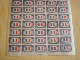 2. maailmansota, miehitetyt valtiot: Ranska, täysi 50 postimerkin arkki vuodelta 1943, USA, WWII, Overrun Country.