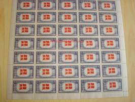 2. maailmansota, miehitetyt valtiot:Tanska, täysi 50 postimerkin arkki vuodelta 1943, USA, WWII, Overrun Country.