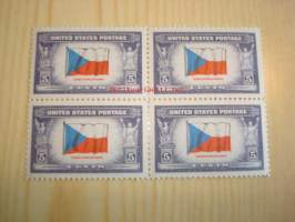 2. maailmansota, miehitetyt valtiot: Tsekkoslovakia, neljä leikkaamatonta ja käyttämätöntä postimerkkiä, vuodelta 1943, USA, WWII, Overrun Country.