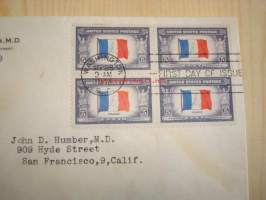 2. maailmansodan miehitetyt valtiot: Ranska, 1943 USA ensipäiväkuori, WWII, Overrun Country, neljällä postimerkillä.