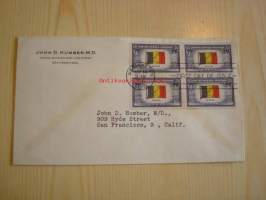 2. maailmansodan miehitetyt valtiot: Belgia, 1943 USA ensipäiväkuori, WWII, Overrun Country, neljällä postimerkillä.