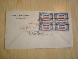 2. maailmansodan miehitetyt valtiot: Jugoslavia, 1943 USA ensipäiväkuori, WWII, Overrun Country, neljällä postimerkillä.