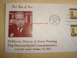 YK Pääsihteeri Dag Hammarskjöld, 1962, USA, ensipäiväkuori, FDC, kahdella erilaisella postimerkillä, toinen virhepainamalla.