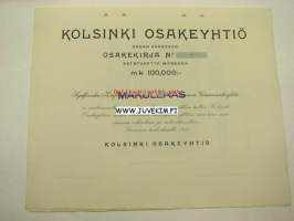 Kolsinki Oy Porvoo 1938 100 000 mk -osakekirja