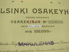 Kolsinki Oy Porvoo 1938 100 000 mk -osakekirja
