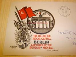 WWII, 2. maailmansota, The Fall of the Reich Capital Berlin captured by the Russians, 1945, USA, ensipäiväkuori, FDC, harvinainen.