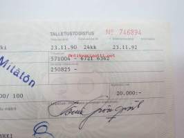 Talletustodistus, Turun Seudun Osuuspankki, määräaikaistalletus 24 kk, 20 000 mk, 23.11.1992
