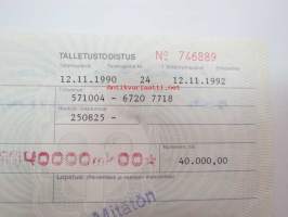 Talletustodistus, Turun Seudun Osuuspankki, määräaikaistalletus 24 kk, 20 000 mk, 23.11.1992