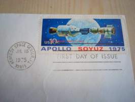 Apollo Soyuz Space Mission, 1975, USA, ensipäiväkuori, FDC. Katso myös muut kohteeni, mm. toinen sarjan postimerkki samanlaisessa kuoressa.