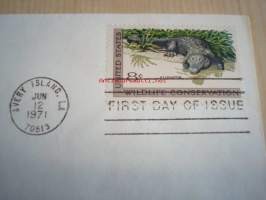Wildlife Conservation, alligaattori, 1971, USA, ensipäiväkuori, FDC, 4 erilaista postimerkkiä. Katso myös muut kohteeni, mm. noin 1 200 erilaista amerikkalaista