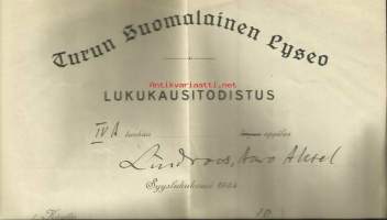 Turun Suomalainen Lyseo lukukausitodistus 1934