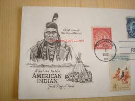 American Indian, 1968, USA, ensipäiväkuori, FDC, 5 erilaista postimerkkiä mm. vuoden 1928 American Indian -postimerkki, harvinainen. Katso myös muut kohteeni,