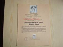 Amiraali Nimitz, 2. maailmansota, WWII, 1985, USA. 3 erilaista ensipäiväkuorta, Souvenir Page ensipäiväleimalla ja postimerkillä sekä esittelyvihkonen. Katso