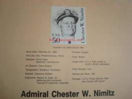 Amiraali Nimitz, 2. maailmansota, WWII, 1985, USA. 3 erilaista ensipäiväkuorta, Souvenir Page ensipäiväleimalla ja postimerkillä sekä esittelyvihkonen. Katso
