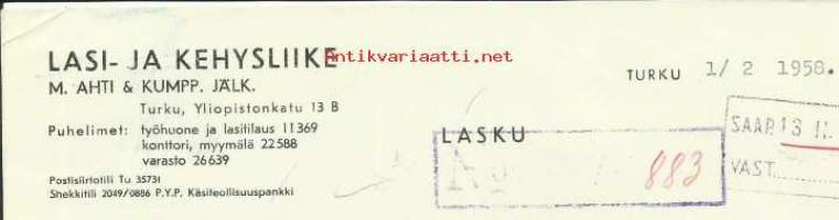 Lasi- ja Kehysliike M. Ahti &amp; Kumpp. jälk 1958 Turku  - firmalomake