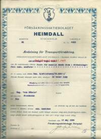 Heimdall Försäkrings Ab Stockholm 1924 kuljetusvakuutus - vakuutuskirja