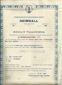 Heimdall Försäkrings Ab Stockholm 1924 kuljetusvakuutus - vakuutuskirja