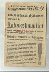 Lindstedtín Antikvaarinen Kirjakauppa -  Kirjamarkkinat nr 9 / 1914  Yli 630 kirjan Rahaksi muutto - tuoteluettelo hinnasto