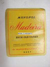 Alko Madeira Monopol Rich Old Sweet -viinaetiketti 1930-luvulta