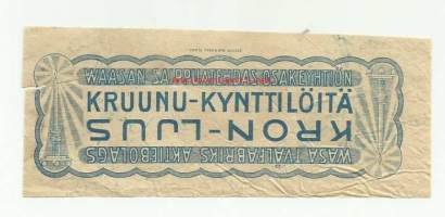 Kruunu-kynttilöitä -  tuote-etiketti  painettu Björkellin kivipainossa 1900-luvun alku