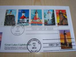 Great Lakes Lighthouses, Majakka, combo 1995 &amp; 2013, USA, ensipäiväkuori, FDC, hieno, 6 erilaista postimerkkiä. Katso myös muut kohteeni, mm. noin 1 200